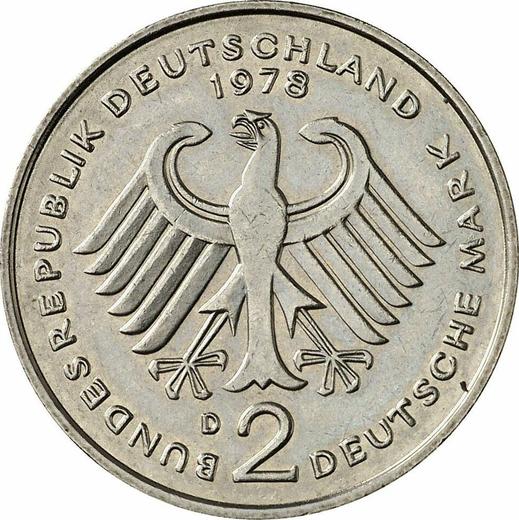 Rewers monety - 2 marki 1978 D "Theodor Heuss" - cena  monety - Niemcy, RFN