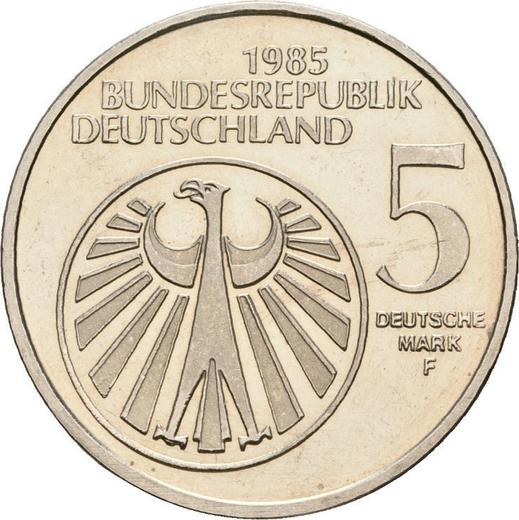 Reverso 5 marcos 1985 F "Año de la Música" - valor de la moneda  - Alemania, RFA
