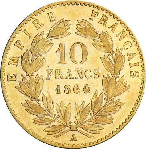 Reverso 10 francos 1864 A "Tipo 1861-1868" París - valor de la moneda de oro - Francia, Napoleón III Bonaparte