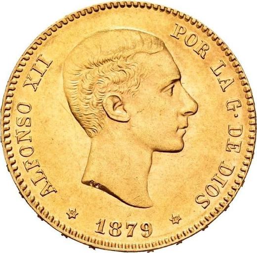 Аверс монеты - 25 песет 1879 года EMM - цена золотой монеты - Испания, Альфонсо XII