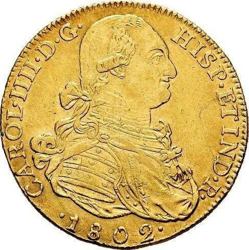 Аверс монеты - 8 эскудо 1802 года NR JJ - цена золотой монеты - Колумбия, Карл IV