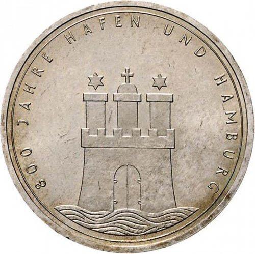 Аверс монеты - 10 марок 1989 года J "Гамбургская гавань" Малый вес - цена серебряной монеты - Германия, ФРГ