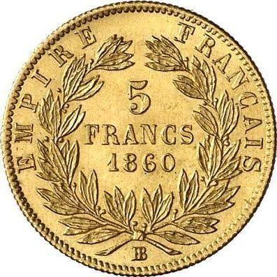 Reverso 5 francos 1860 BB "Tipo 1855-1860" Estrasburgo - valor de la moneda de oro - Francia, Napoleón III Bonaparte
