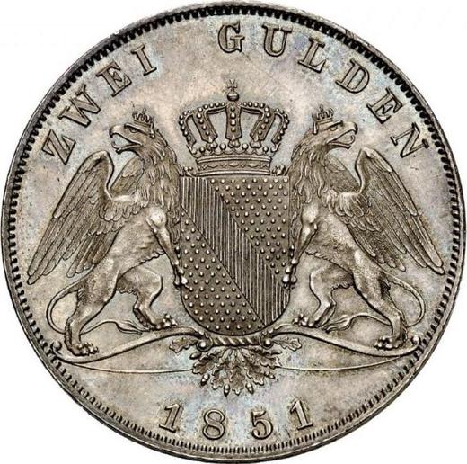 Reverso 2 florines 1851 D - valor de la moneda de plata - Baden, Leopoldo I de Baden