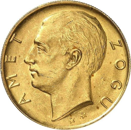 Anverso Pruebas 100 franga ari 1927 R Inscripción PROVA Dos estrellas - valor de la moneda de oro - Albania, Zog I