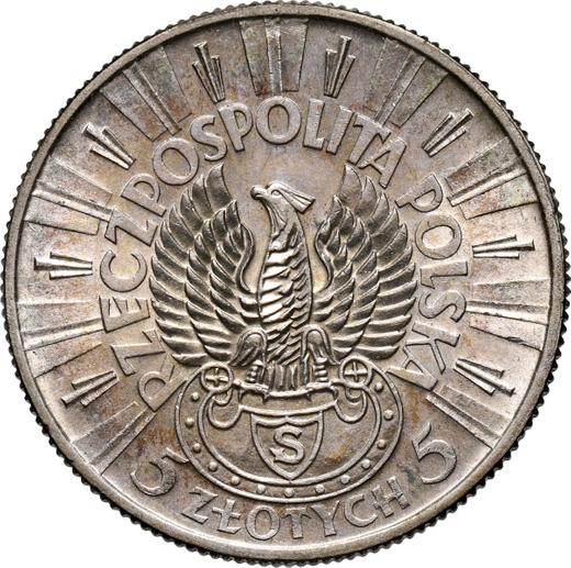 Anverso 5 eslotis 1934 "Józef Piłsudski" Águila de los tiradores - valor de la moneda de plata - Polonia, Segunda República