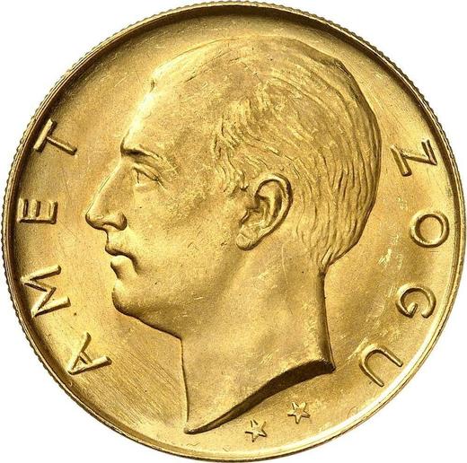 Аверс монеты - 100 франга ари 1927 года R Две звезды - цена золотой монеты - Албания, Ахмет Зогу