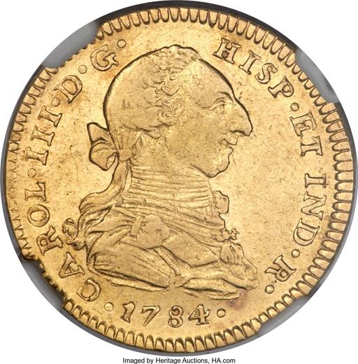 Awers monety - 2 escudo 1784 Mo FM - cena złotej monety - Meksyk, Karol III