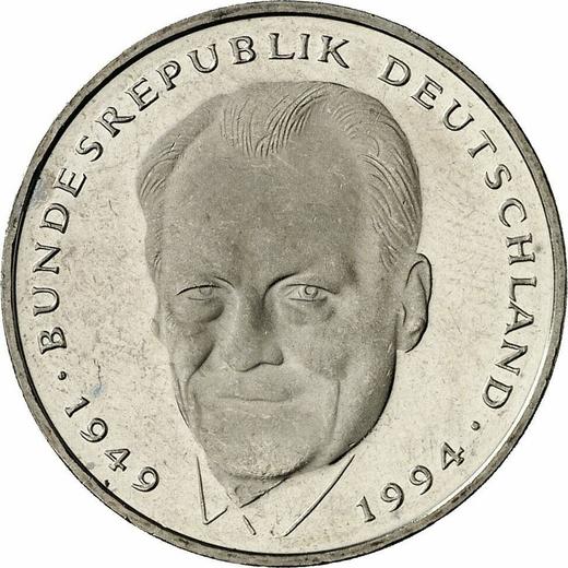 Аверс монеты - 2 марки 1996 года F "Вилли Брандт" - цена  монеты - Германия, ФРГ
