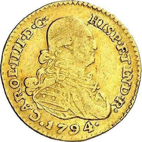 Аверс монеты - 1 эскудо 1794 года NR JJ - цена золотой монеты - Колумбия, Карл IV