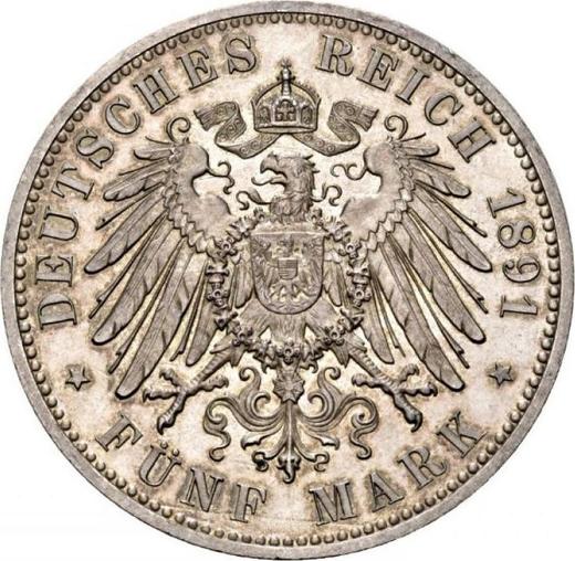Реверс монеты - 5 марок 1891 года E "Саксония" - цена серебряной монеты - Германия, Германская Империя
