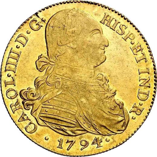 Аверс монеты - 8 эскудо 1794 года P JF - цена золотой монеты - Колумбия, Карл IV