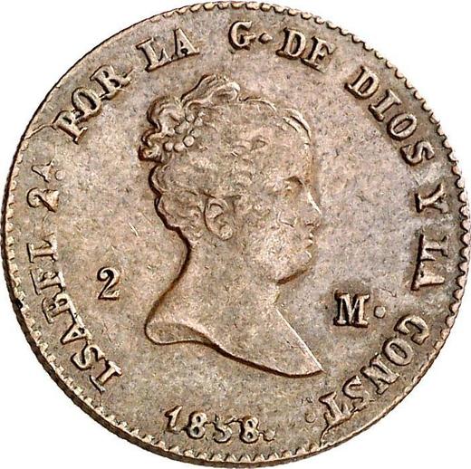 Аверс монеты - 2 мараведи 1858 года B - цена  монеты - Испания, Изабелла II