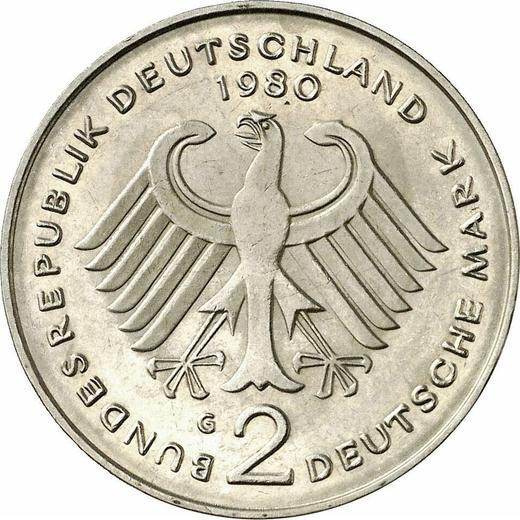 Reverso 2 marcos 1980 G "Kurt Schumacher" - valor de la moneda  - Alemania, RFA