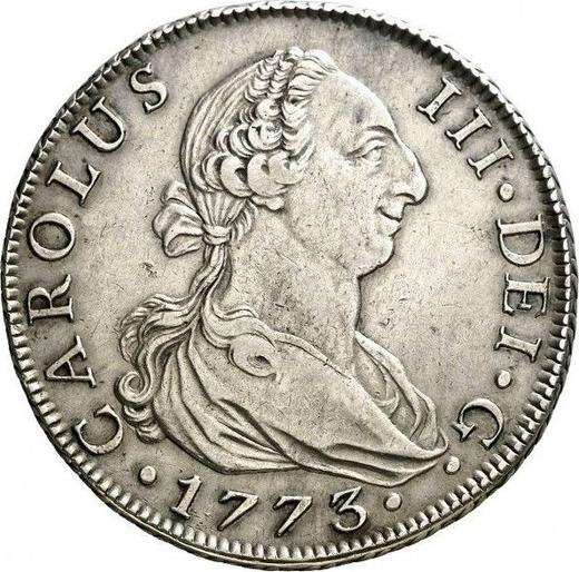 Аверс монеты - 8 реалов 1773 года S CF - цена серебряной монеты - Испания, Карл III