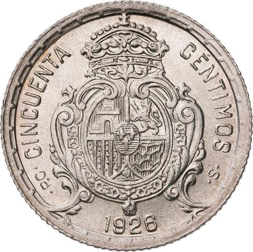 Реверс монеты - 50 сентимо 1926 года PCS - цена серебряной монеты - Испания, Альфонсо XIII