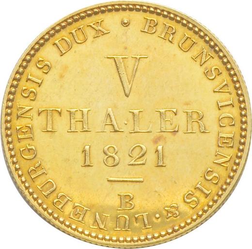 Reverso 5 táleros 1821 B "Tipo 1821-1830" - valor de la moneda de oro - Hannover, Jorge IV
