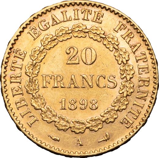 Reverso 20 francos 1898 A "Tipo 1871-1898" París - valor de la moneda de oro - Francia, Tercera República