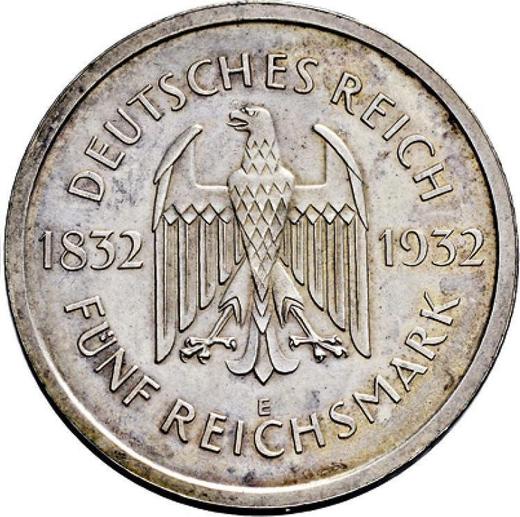 Аверс монеты - 5 рейхсмарок 1932 года E "Гёте" - цена серебряной монеты - Германия, Bеймарская республика
