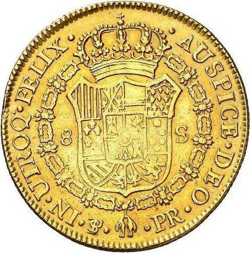 Реверс монеты - 8 эскудо 1791 года PTS PR - цена золотой монеты - Боливия, Карл IV