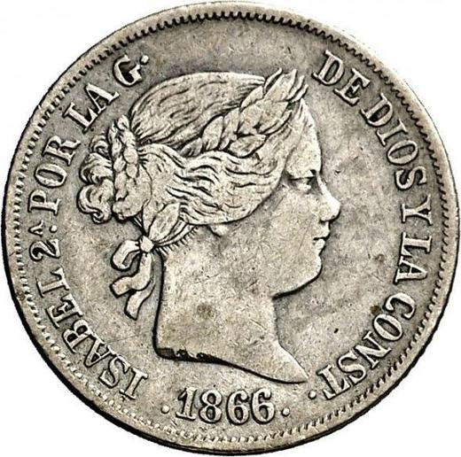 Аверс монеты - 20 сентимо эскудо 1866 года Семиконечные звёзды - цена серебряной монеты - Испания, Изабелла II