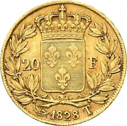 Реверс монеты - 20 франков 1828 года T "Тип 1825-1830" Нант - цена золотой монеты - Франция, Карл X