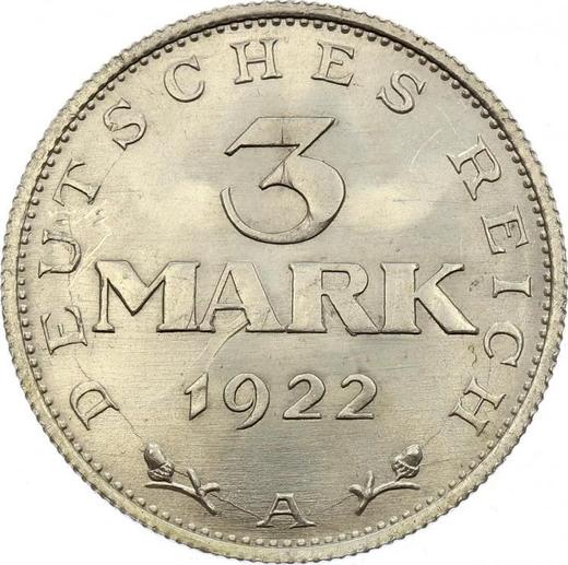 Reverse 3 Mark 1922 A -  Coin Value - Germany, Weimar Republic