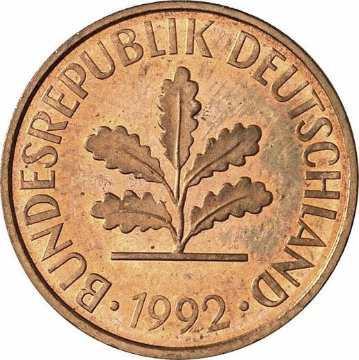 Реверс монеты - 2 пфеннига 1992 года J - цена  монеты - Германия, ФРГ
