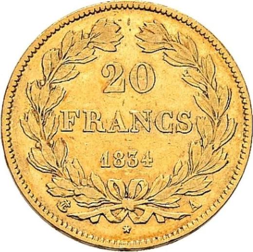 Rewers monety - 20 franków 1834 A "Typ 1832-1848" Paryż - cena złotej monety - Francja, Ludwik Filip I