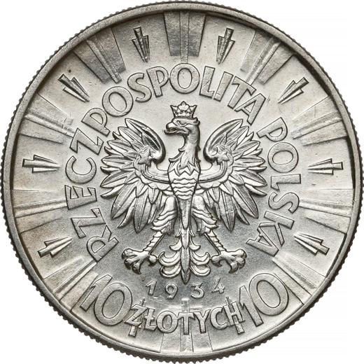 Аверс монеты - 10 злотых 1934 года "Юзеф Пилсудский" - цена серебряной монеты - Польша, II Республика