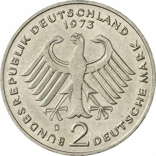 Reverso 2 marcos 1973 D "Theodor Heuss" - valor de la moneda  - Alemania, RFA