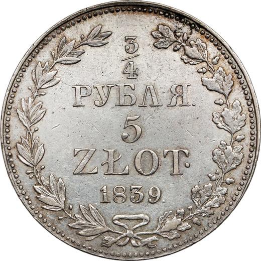 Reverso 3/4 rublo - 5 eslotis 1839 MW - valor de la moneda de plata - Polonia, Dominio Ruso