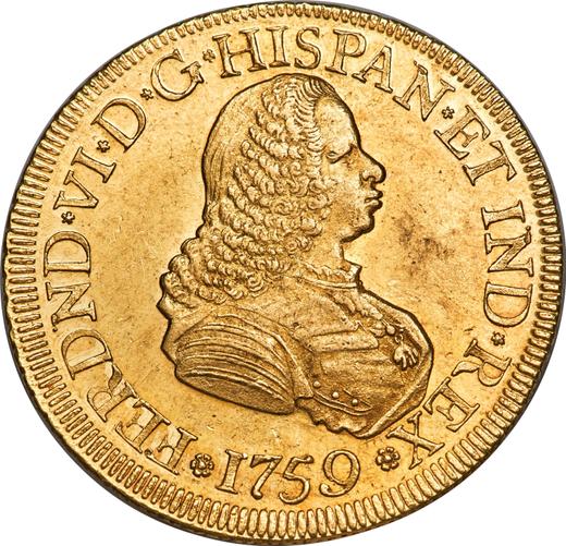 Аверс монеты - 8 эскудо 1759 года PN J - цена золотой монеты - Колумбия, Фердинанд VI
