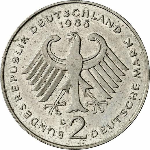 Reverso 2 marcos 1986 D "Kurt Schumacher" - valor de la moneda  - Alemania, RFA