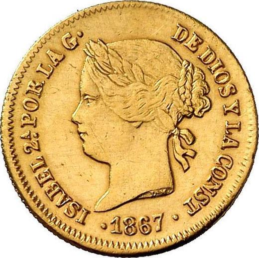 Аверс монеты - 1 песо 1867 года - цена золотой монеты - Филиппины, Изабелла II