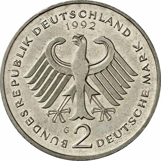 Reverse 2 Mark 1992 G "Kurt Schumacher" -  Coin Value - Germany, FRG