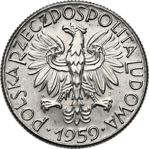 Аверс монеты - Пробные 5 злотых 1959 года WJ JG "Рыбак" Никель - цена  монеты - Польша, Народная Республика