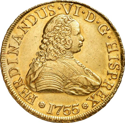 Anverso 8 escudos 1755 So J - valor de la moneda de oro - Chile, Fernando VI