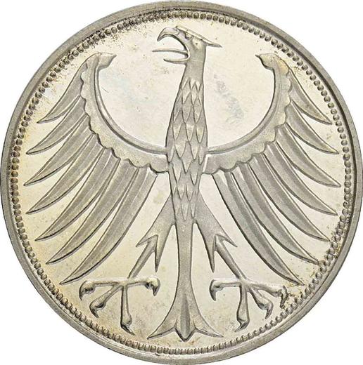 Реверс монеты - 5 марок 1958 года D - цена серебряной монеты - Германия, ФРГ