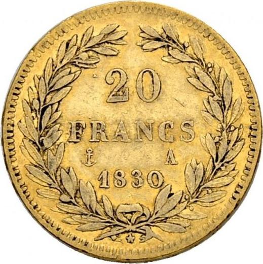Rewers monety - 20 franków 1830 A "Rant wypukły" Paryż - cena złotej monety - Francja, Ludwik Filip I