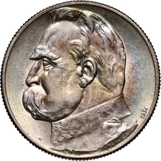 Reverso 5 eslotis 1934 "Józef Piłsudski" Águila de los tiradores - valor de la moneda de plata - Polonia, Segunda República