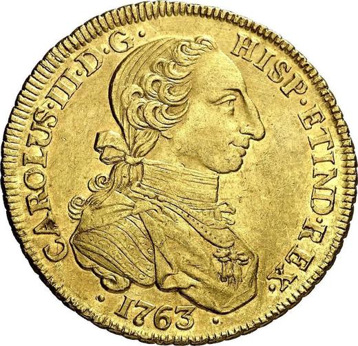 Avers 8 Escudos 1763 NR JV "Typ 1762-1771" - Goldmünze Wert - Kolumbien, Karl III