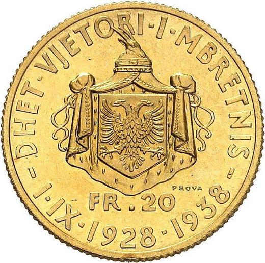 Revers Probe 20 Franga Ari 1938 R "Herrschaft" Inschrift "PROVA" - Goldmünze Wert - Albanien, Zogu I