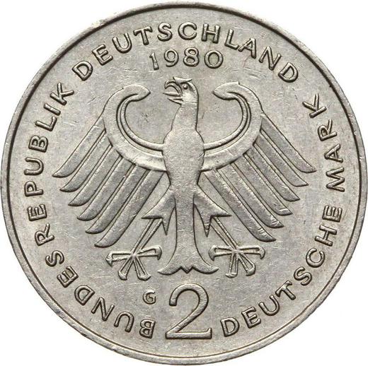 Rewers monety - 2 marki 1980 G "Konrad Adenauer" - cena  monety - Niemcy, RFN