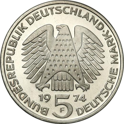 Rewers monety - 5 marek 1974 F "Ustawa Zasadnicza" - cena srebrnej monety - Niemcy, RFN