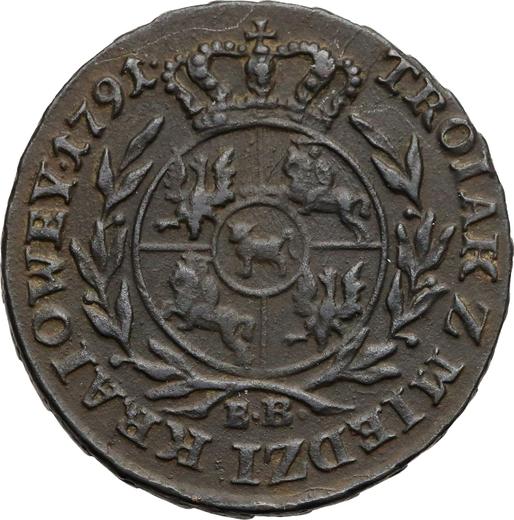 Reverso Trojak (3 groszy) 1791 EB "Z MIEDZI KRAIOWEY" - valor de la moneda  - Polonia, Estanislao II Poniatowski