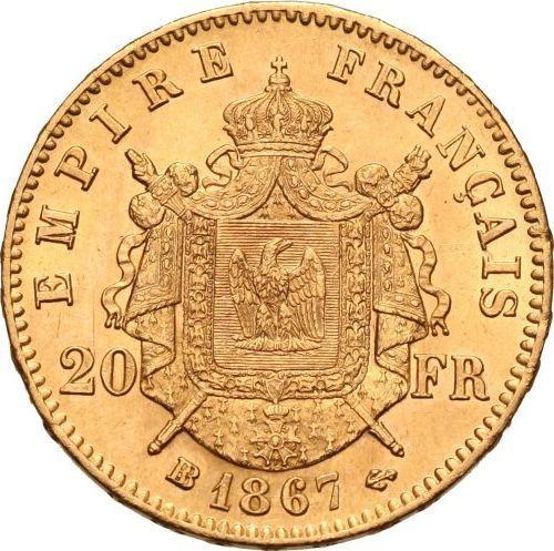 Reverso 20 francos 1867 BB "Tipo 1861-1870" Estrasburgo - valor de la moneda de oro - Francia, Napoleón III Bonaparte