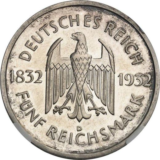 Anverso 5 Reichsmarks 1932 D "Goethe" - valor de la moneda de plata - Alemania, República de Weimar