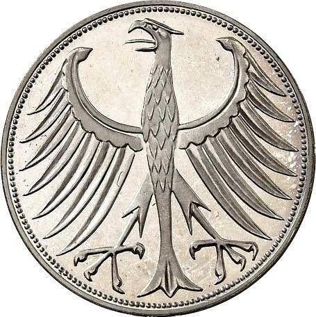 Реверс монеты - 5 марок 1969 года G - цена серебряной монеты - Германия, ФРГ
