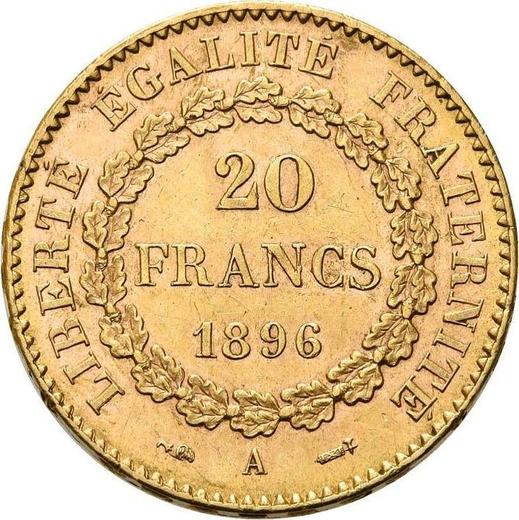 Reverso 20 francos 1896 A "Tipo 1871-1898" París - valor de la moneda de oro - Francia, Tercera República